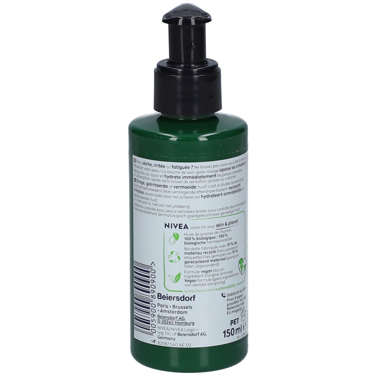 Achterkant groene fles met zwarte pomp. Tekst: ingrediënten, merkinformatie, recyclinglogo, 150 ml.