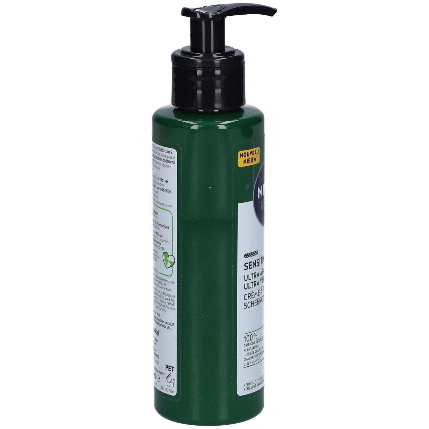 Grüne Flasche mit schwarzem Pumpkopf. Aufkleber mit Text und Logo. NIVEA MEN ULTRA-DAMPFENDE RASIERCREME SENSITIVE PRO.