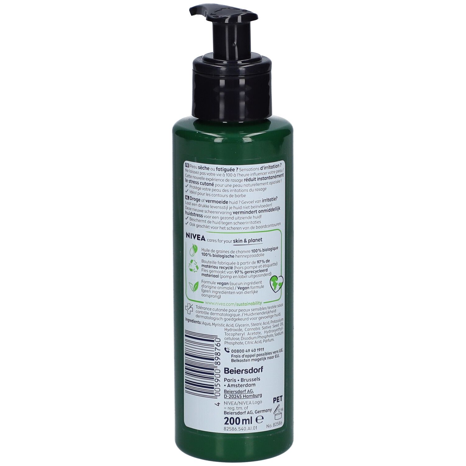 Rückseite der grünen Flasche mit schwarzem Pumpkopf. Text und Logos auf dem Etikett. 200 ml.