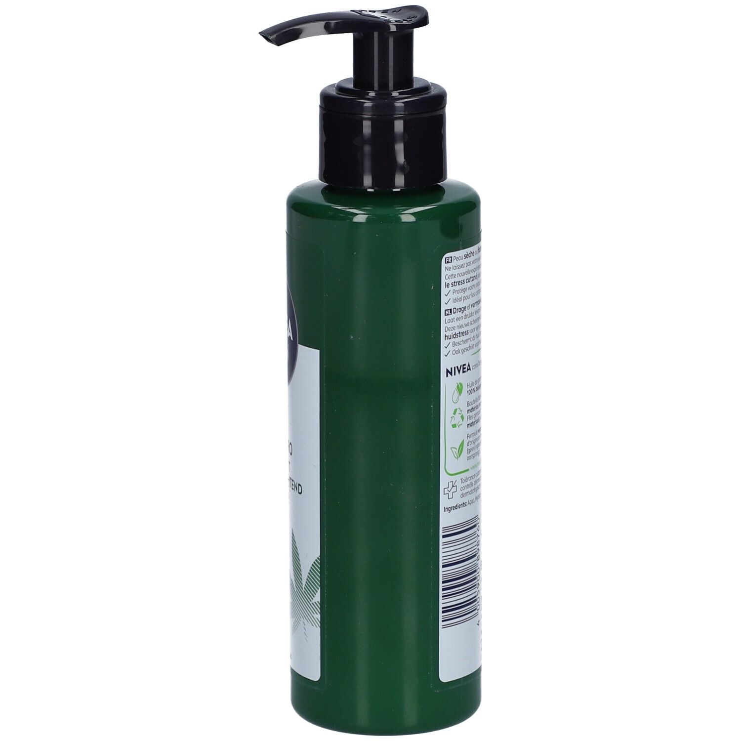 Grüne Flasche mit schwarzem Pumpkopf. Aufkleber mit Text und Logo. NIVEA MEN ULTRA-DAMPFENDE RASIERCREME SENSITIVE PRO.