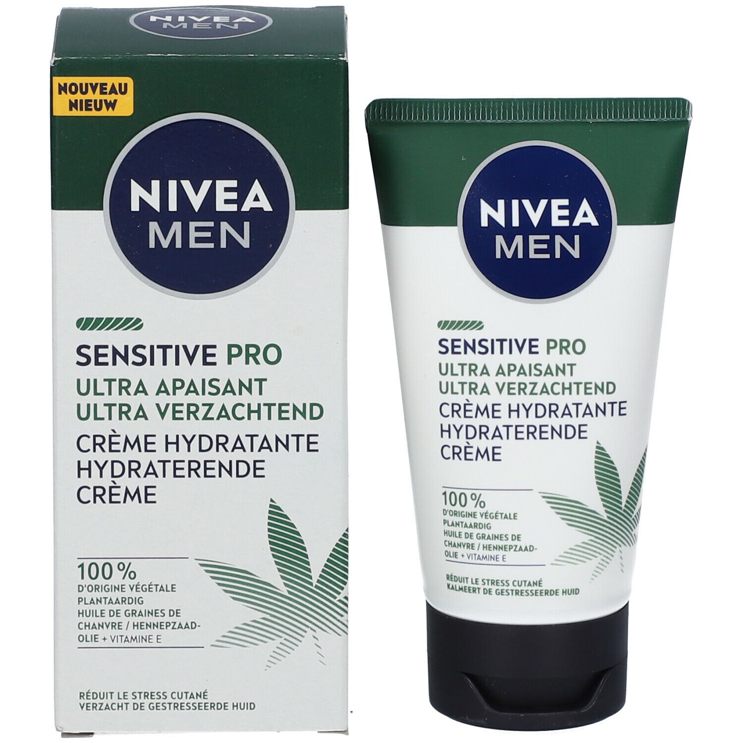 Emballage du produit avec tube de crème et carton. NIVEA MEN Sensitive Pro. Huile de graines de chanvre.