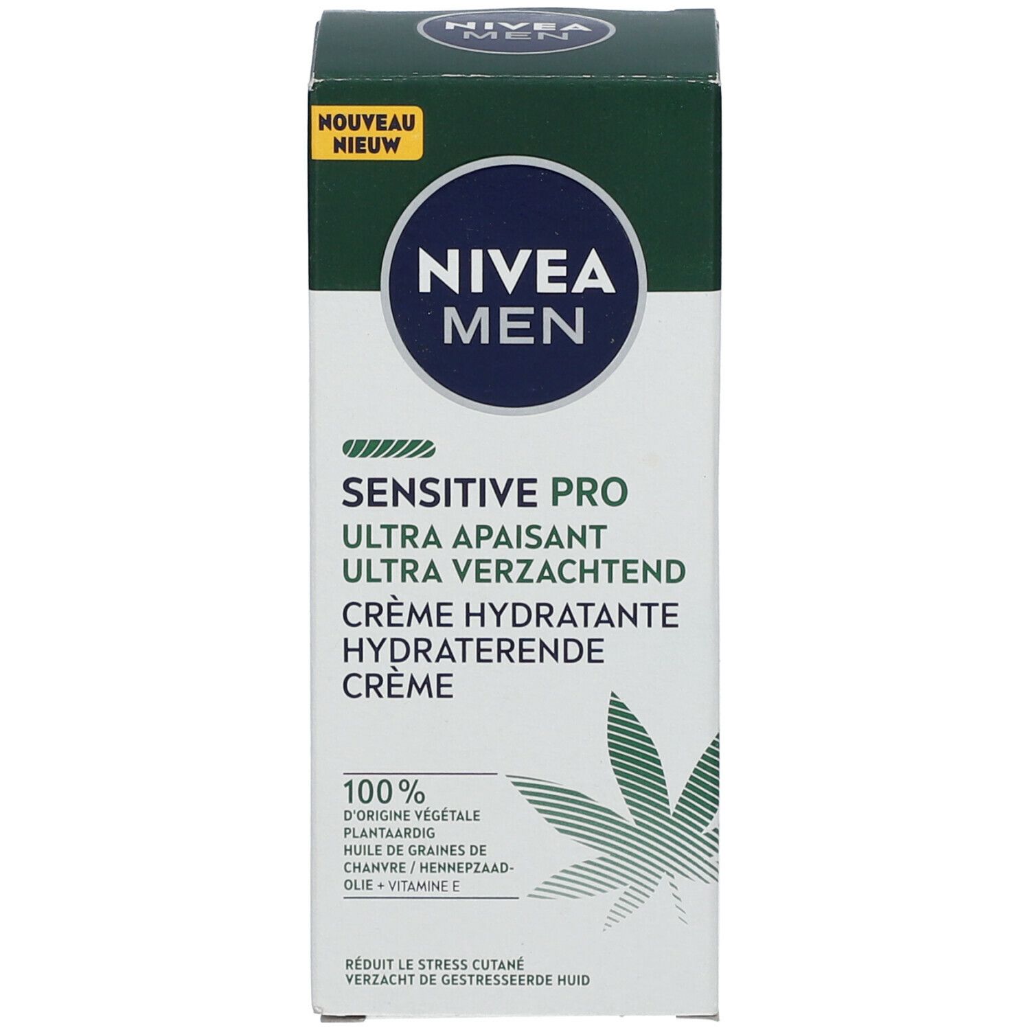 Emballage en carton NIVEA MEN Sensitive Pro. Huile de graines de chanvre. Design vert et blanc.