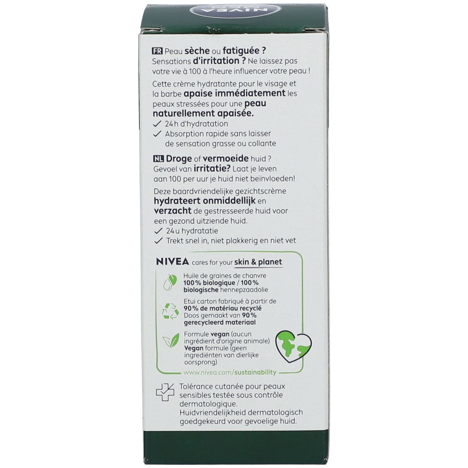 Dos de l'emballage en carton. Informations sur l'utilisation, la durabilité et les tests dermatologiques.