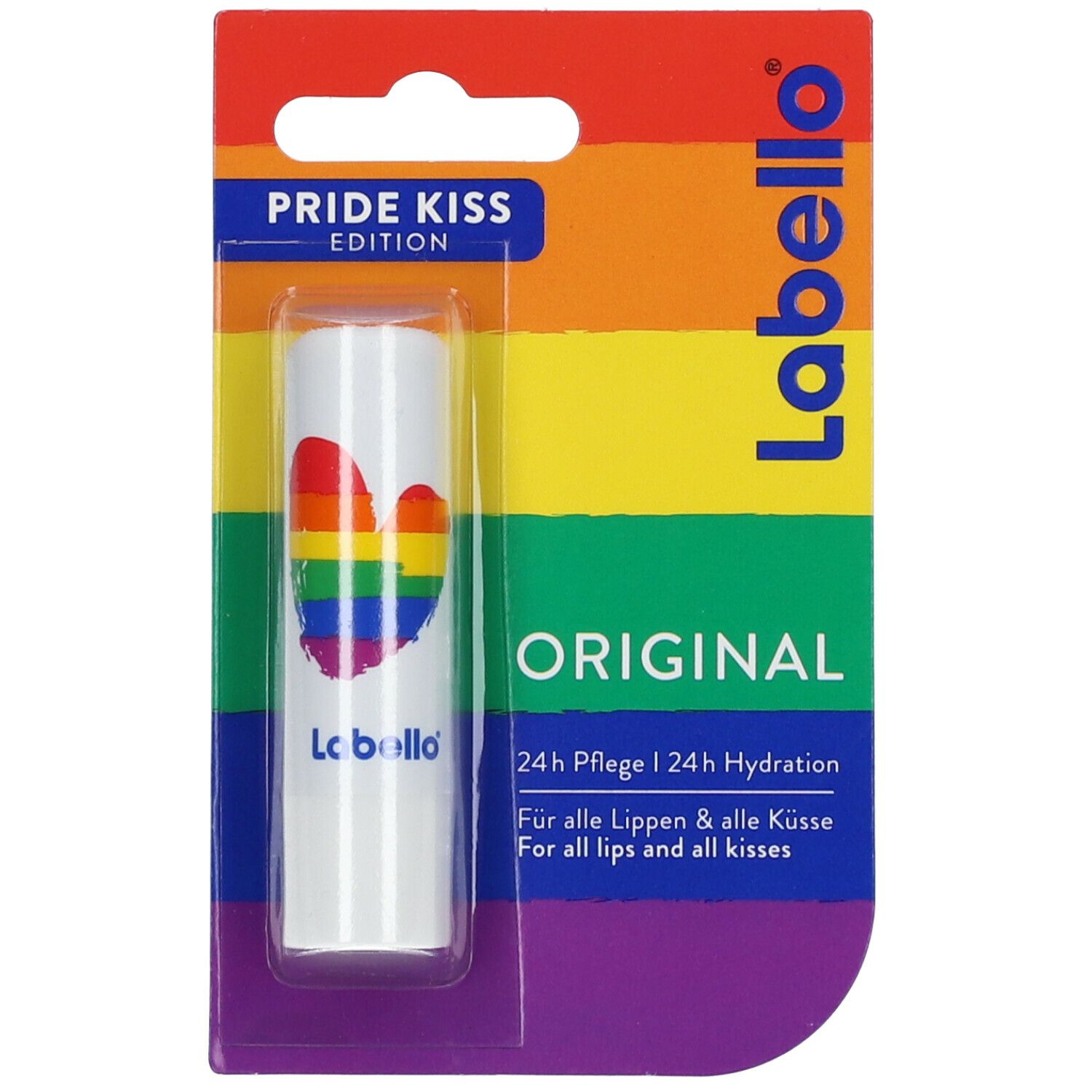 Baume à lèvres Pride Kiss Edition. Bâton blanc avec cœur arc-en-ciel. Label et texte "ORIGINAL".