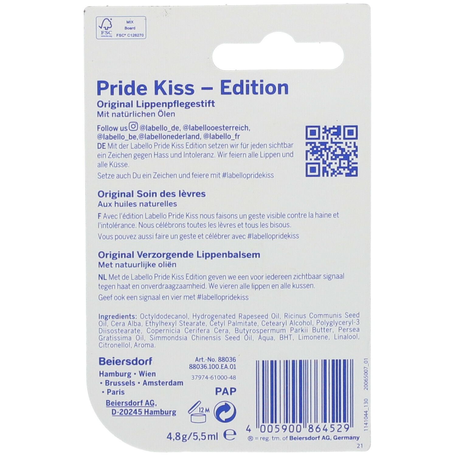 Dos du soin des lèvres Pride Kiss Edition. Texte, code QR, ingrédients et informations du fabricant.
