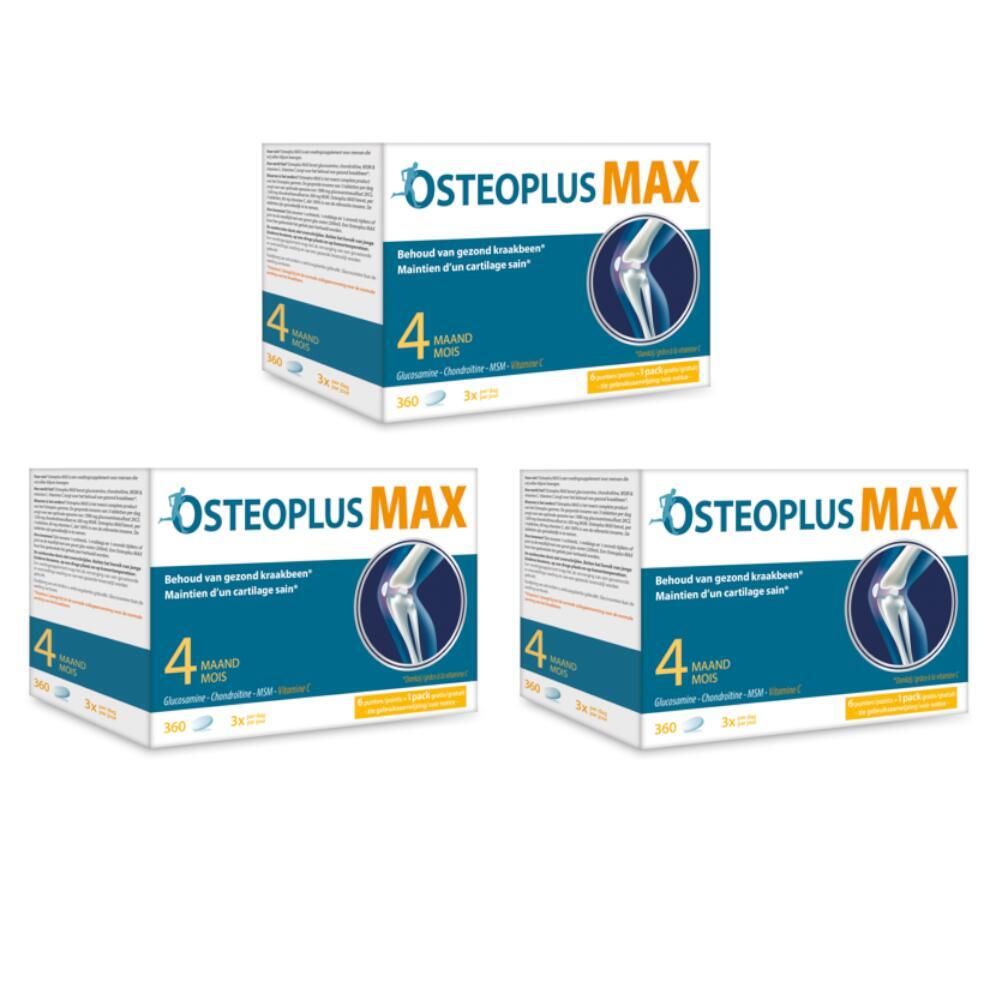 Trois boîtes d'Osteoplus MAX. Inscription : 4 mois, 360 comprimés, Glucosamine, Chondroïtine, MSM, Vitamine C.