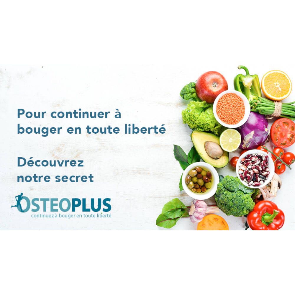 Fruits et légumes, texte : Pour continuer à bouger en toute liberté. Logo Osteoplus.