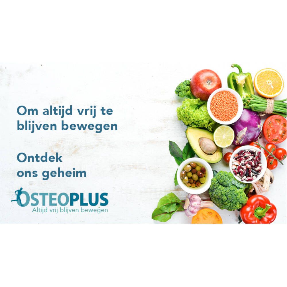 Fruit en groenten, tekst: Om altijd vrij te blijven bewegen. Logo Osteoplus.