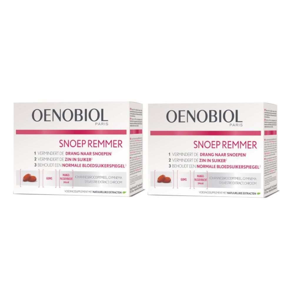 Twee dozen Oenobiol Snoep Remmer. Witte verpakking met roze accenten en productinformatie. Tabletten afgebeeld.