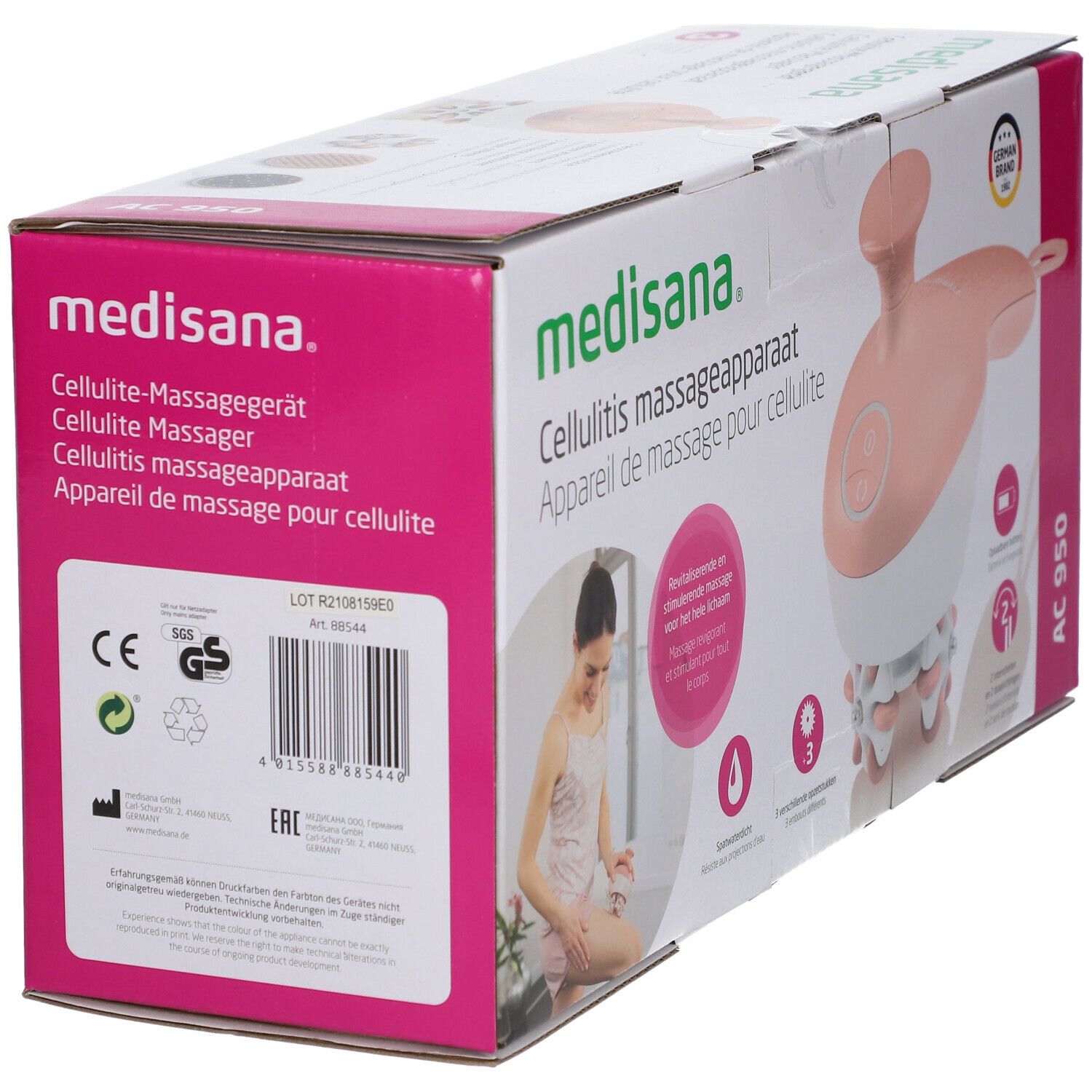 Verpakking van de Medisana AC 950. Roze-wit massageapparaat. Opschrift: Cellulitis massageapparaat. Met CE- en GS-markeringen.