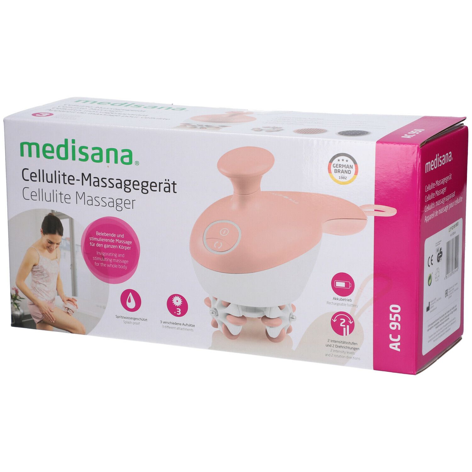 Verpakking van de Medisana AC 950. Roze-wit massageapparaat. Opschrift: Cellulite-Massagegerät. Met certificeringen.