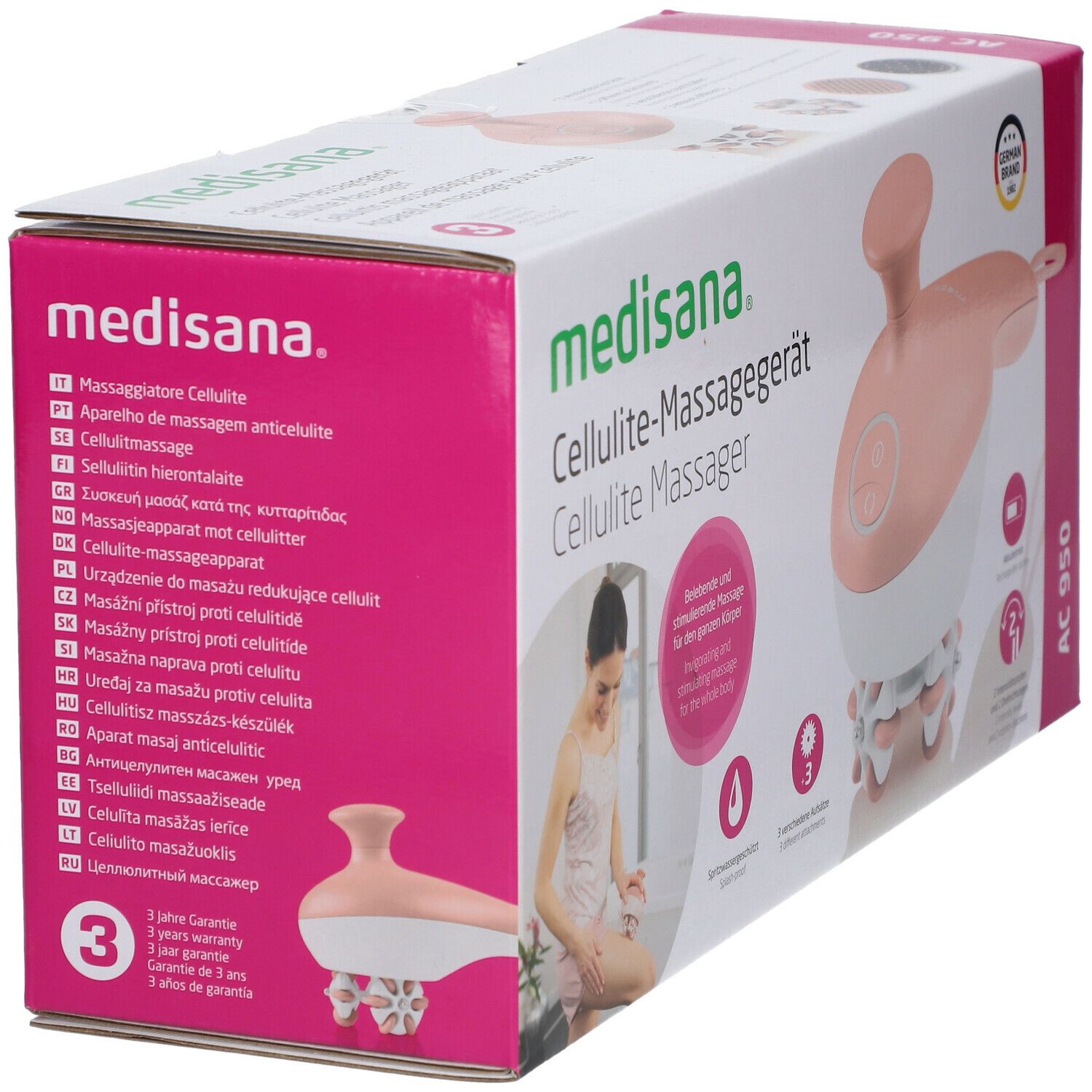 Verpakking Medisana AC 950. Meertalige opschriften. Roze-wit massageapparaat. Met 3 jaar garantie.