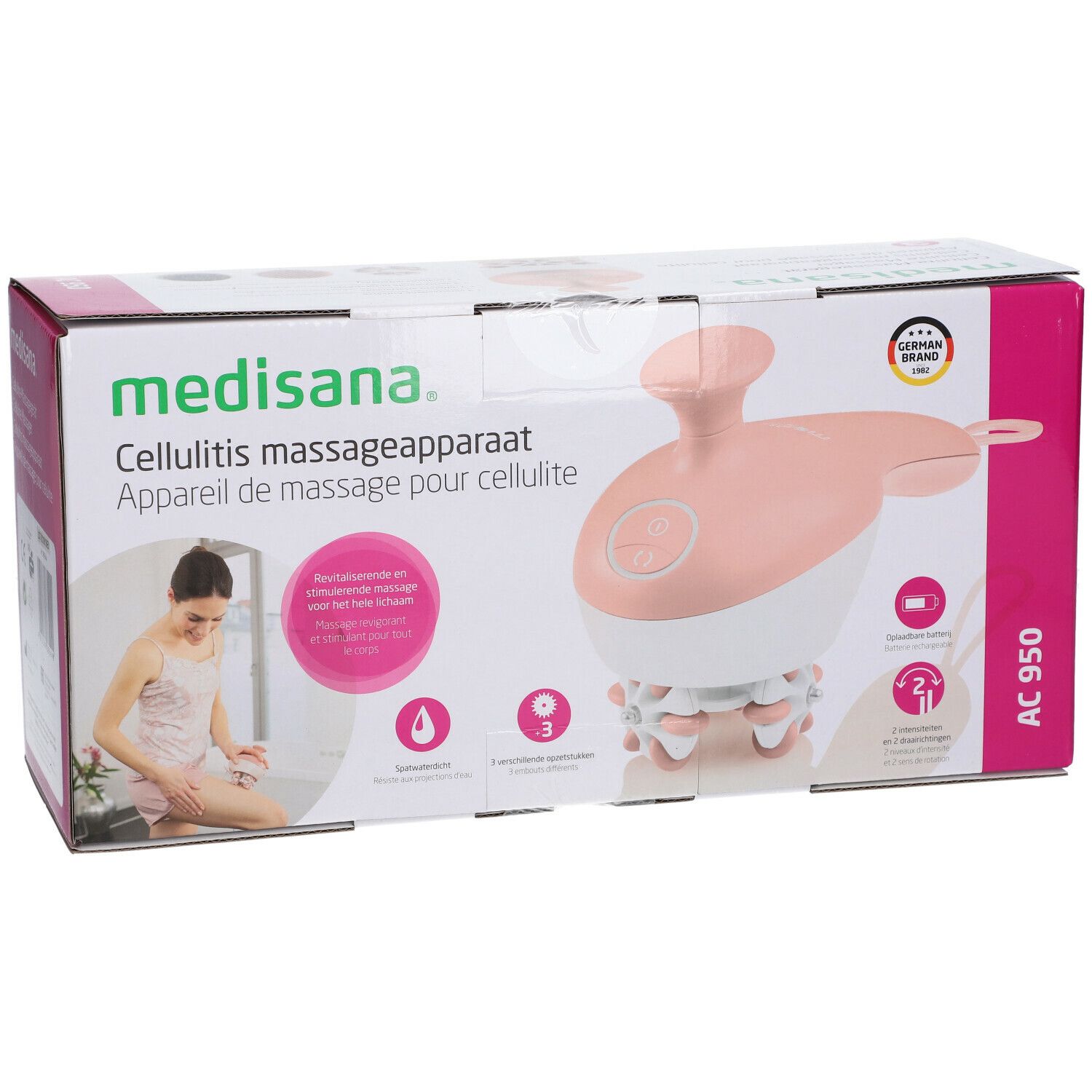 Verpakking van de Medisana AC 950. Roze-wit massageapparaat. Opschrift: Cellulitis massageapparaat. Met certificeringen.