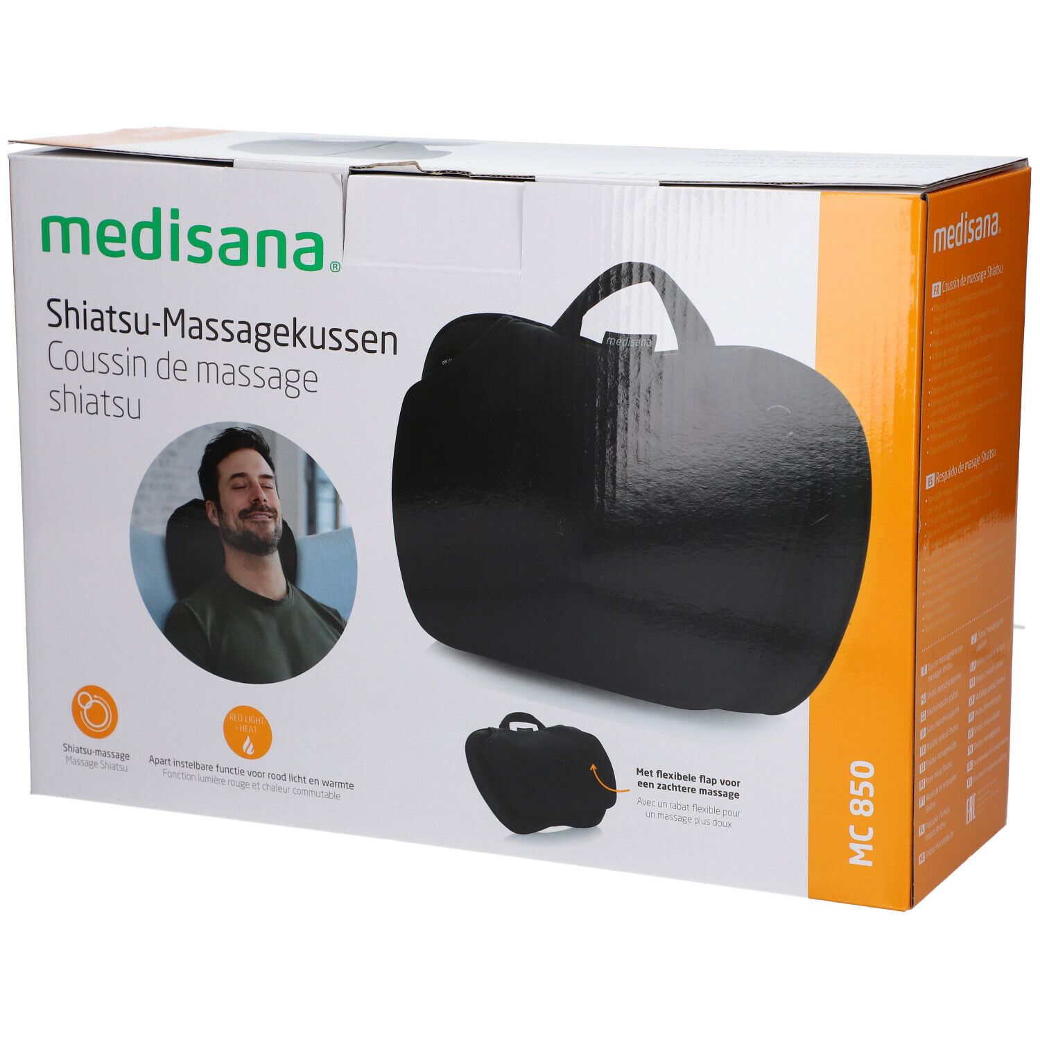 Verpakking met Shiatsu-massagekussen. Zwart kussen met handvat. Merk: Medisana. Model: MC 850. Illustratie van een man die het kussen gebruikt.