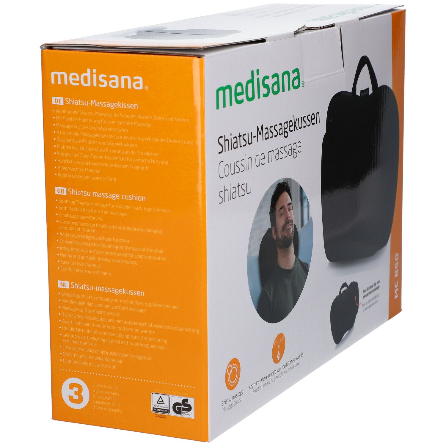 Verpakking met Shiatsu-massagekussen. Zwart kussen met handvat. Merk: Medisana. Model: MC 850. Certificeringstekens.