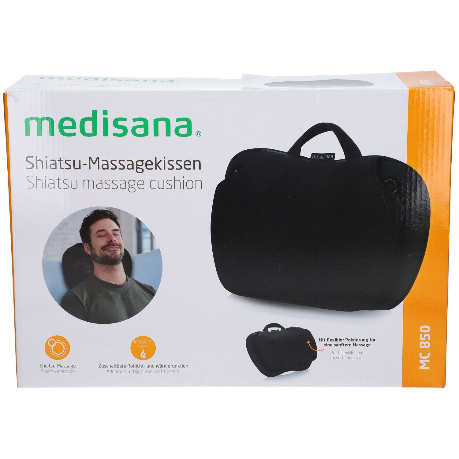 Verpakking met Shiatsu-massagekussen. Zwart kussen met handvat. Merk: Medisana. Model: MC 850. Illustratie van een man die het kussen gebruikt.