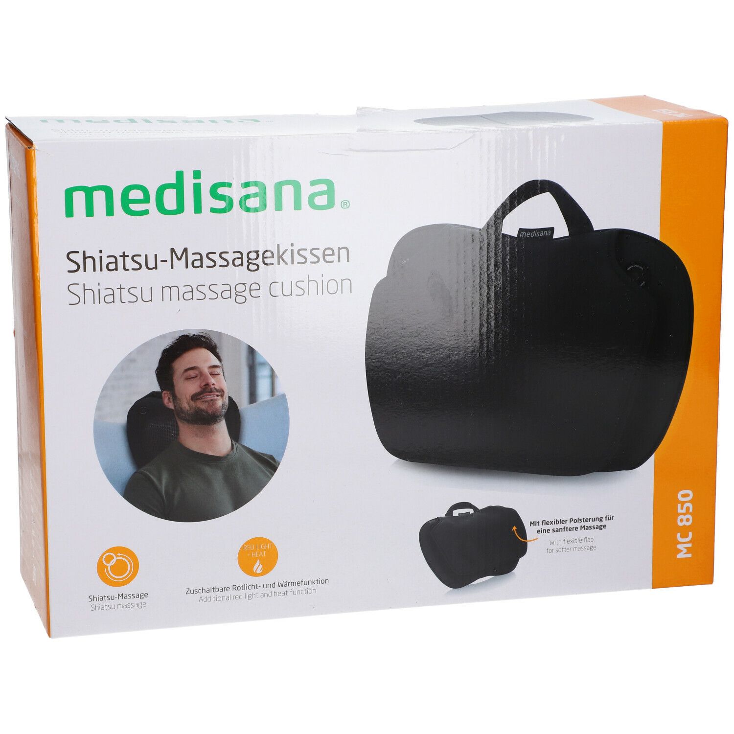 Verpakking met Shiatsu-massagekussen. Zwart kussen met handvat. Merk: Medisana. Model: MC 850. Illustratie van een man die het kussen gebruikt.
