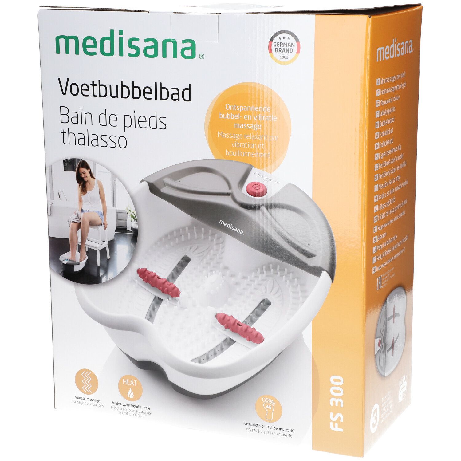 Verpakking van de Medisana voetspa. Productnaam, thalasso, en logo's zichtbaar. Het product is afgebeeld.