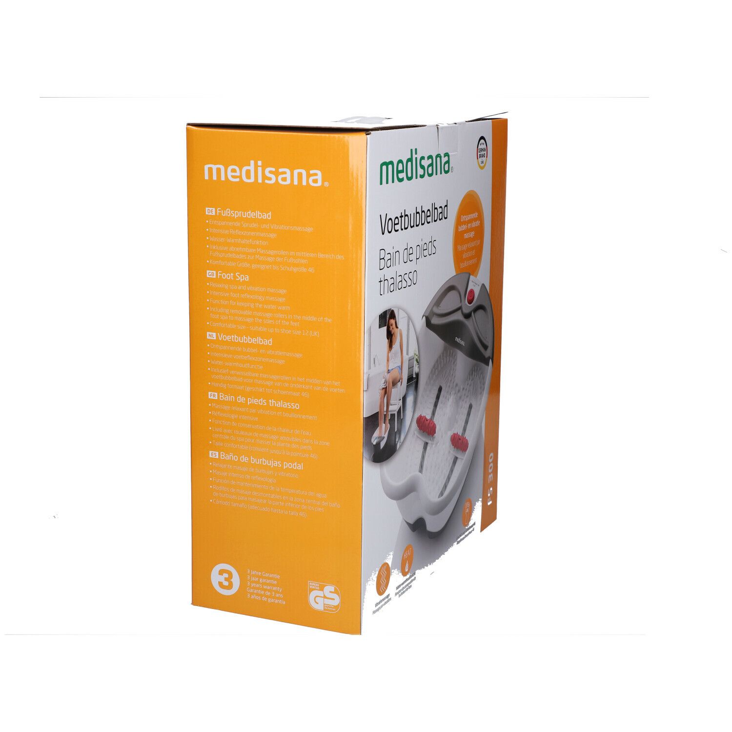 Zijaanzicht van de verpakking van de Medisana voetspa. Productnaam en logo's zichtbaar. GS-teken.