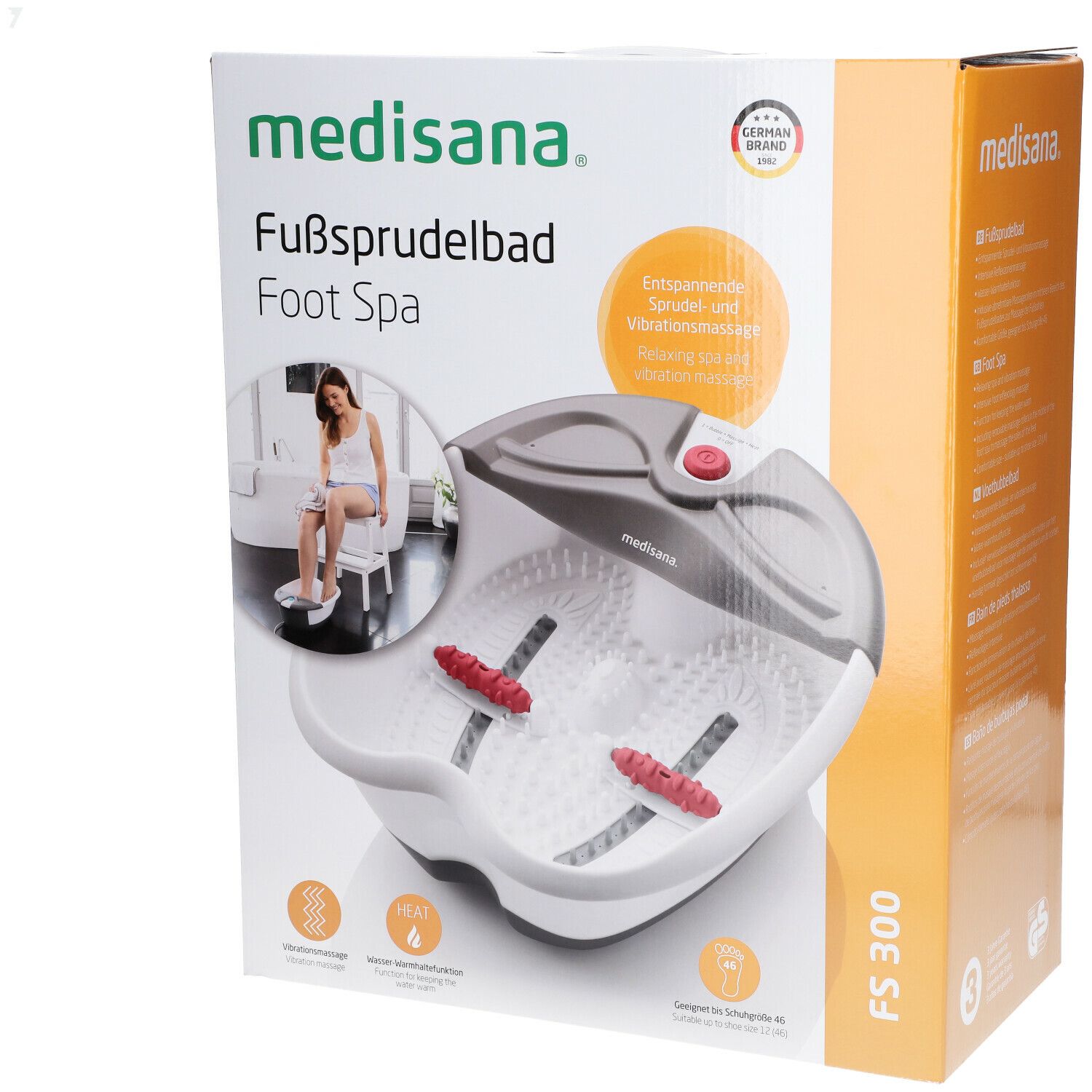 Verpakking van de Medisana voetspa. Productnaam en logo's zichtbaar. Het product is afgebeeld.