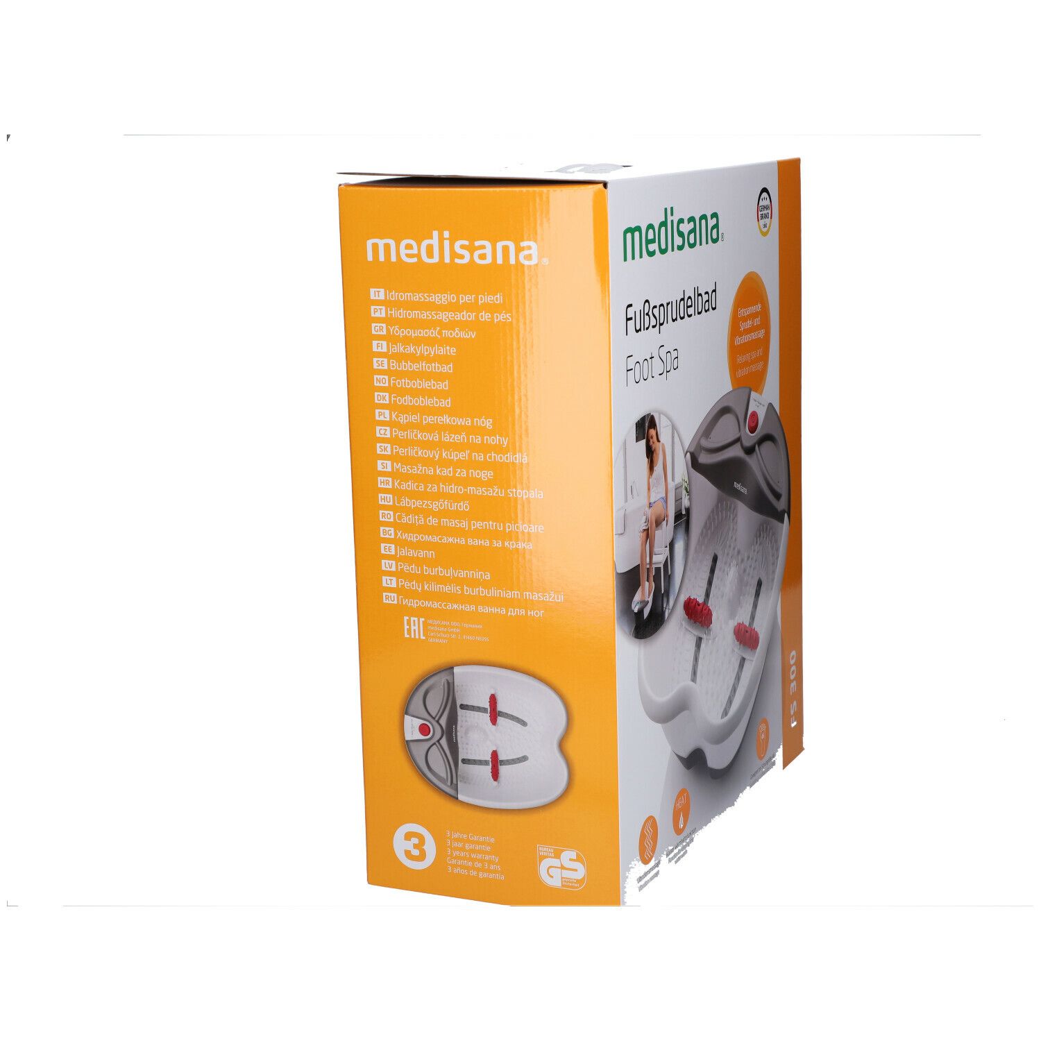 Zijaanzicht van de verpakking van de Medisana voetspa. Productnaam en logo's zichtbaar. GS-teken.