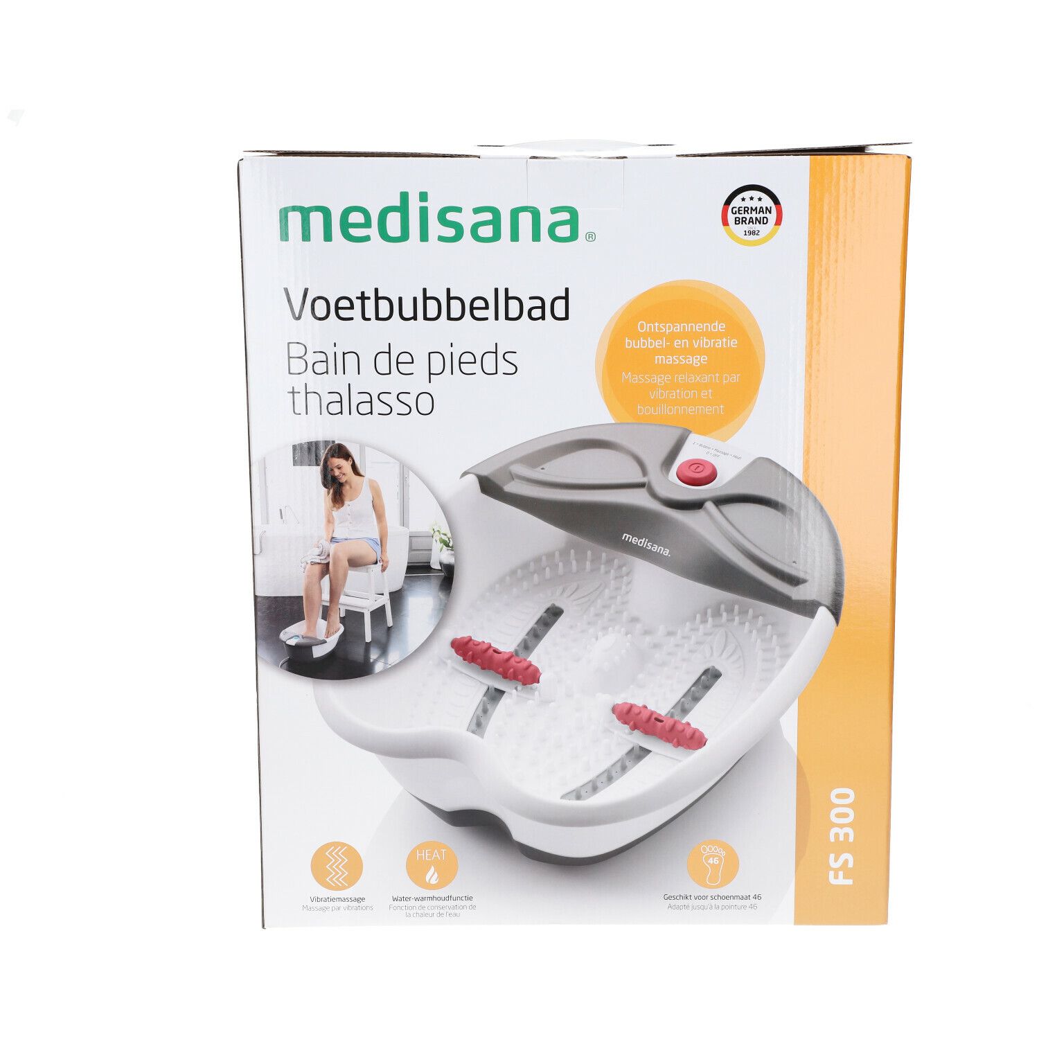 Verpakking van de Medisana voetspa. Productnaam, thalasso, en logo's zichtbaar. Het product is afgebeeld.