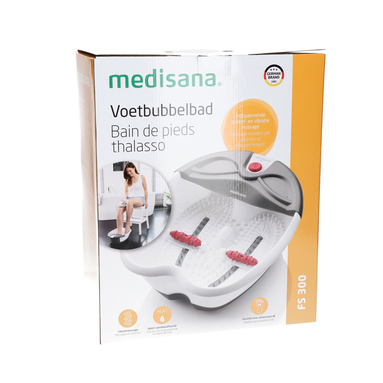 Verpakking van de Medisana voetspa. Productnaam, thalasso, en logo's zichtbaar. Het product is afgebeeld.