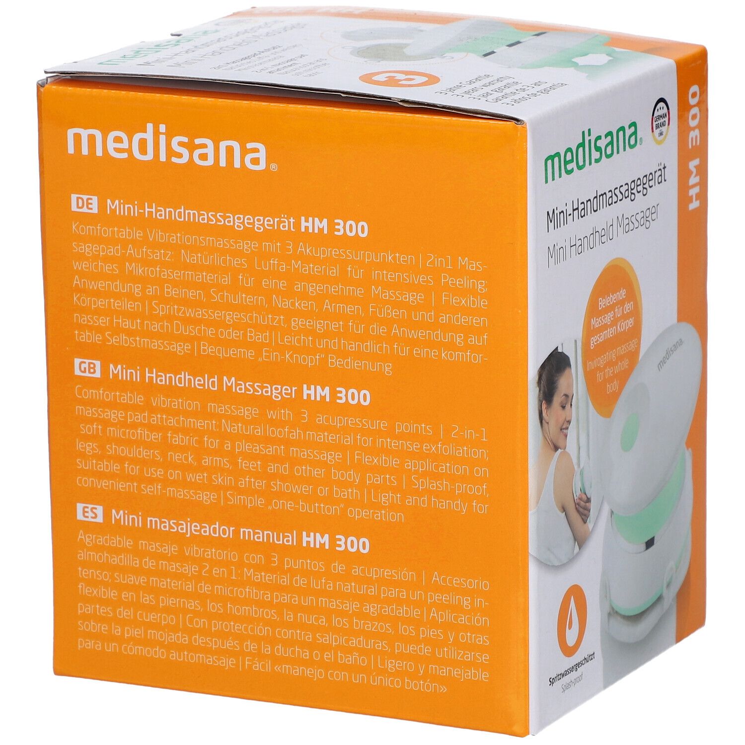Emballage du mini masseur manuel Medisana HM 300. Appareil blanc avec anneau vert. Inscriptions : marque, nom du produit, certification.