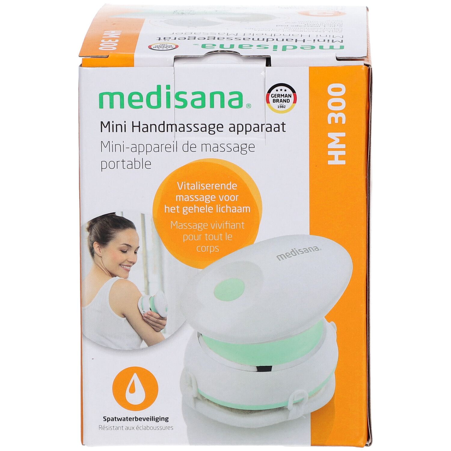 Emballage du mini masseur manuel Medisana HM 300. Appareil blanc avec anneau vert. Inscriptions : marque, nom du produit, certification.