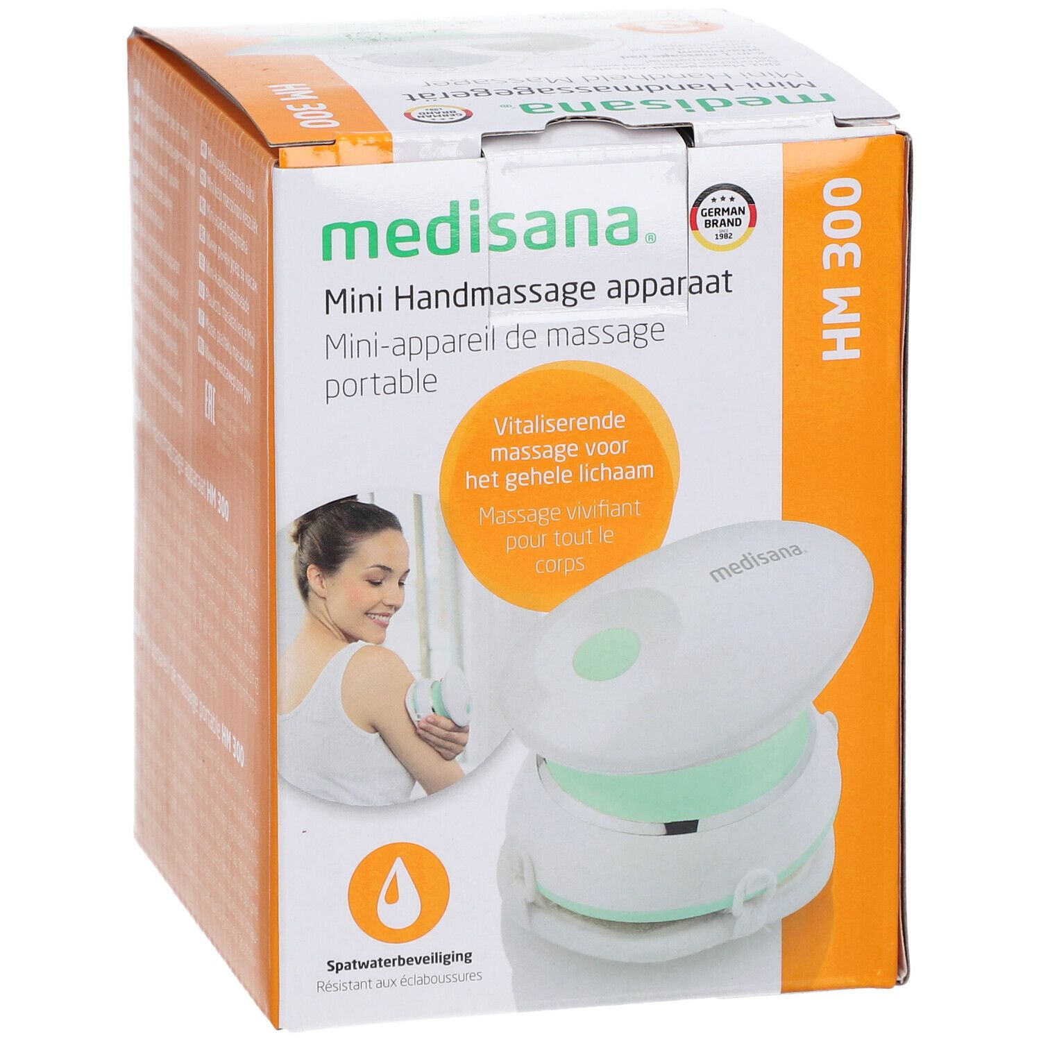 Emballage du mini masseur manuel Medisana HM 300. Appareil blanc avec anneau vert. Inscriptions : marque, nom du produit, certification.