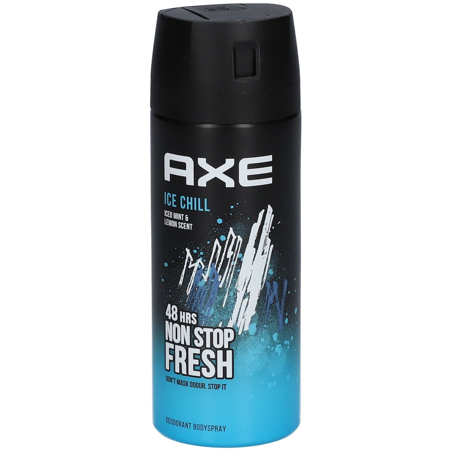 Déodorant AXE ICE CHILL. Capuchon noir, flacon bleu et noir. Inscription : ICE CHILL, Iced Mint & Lemon Scent, 48 HRS NON STOP FRESH.