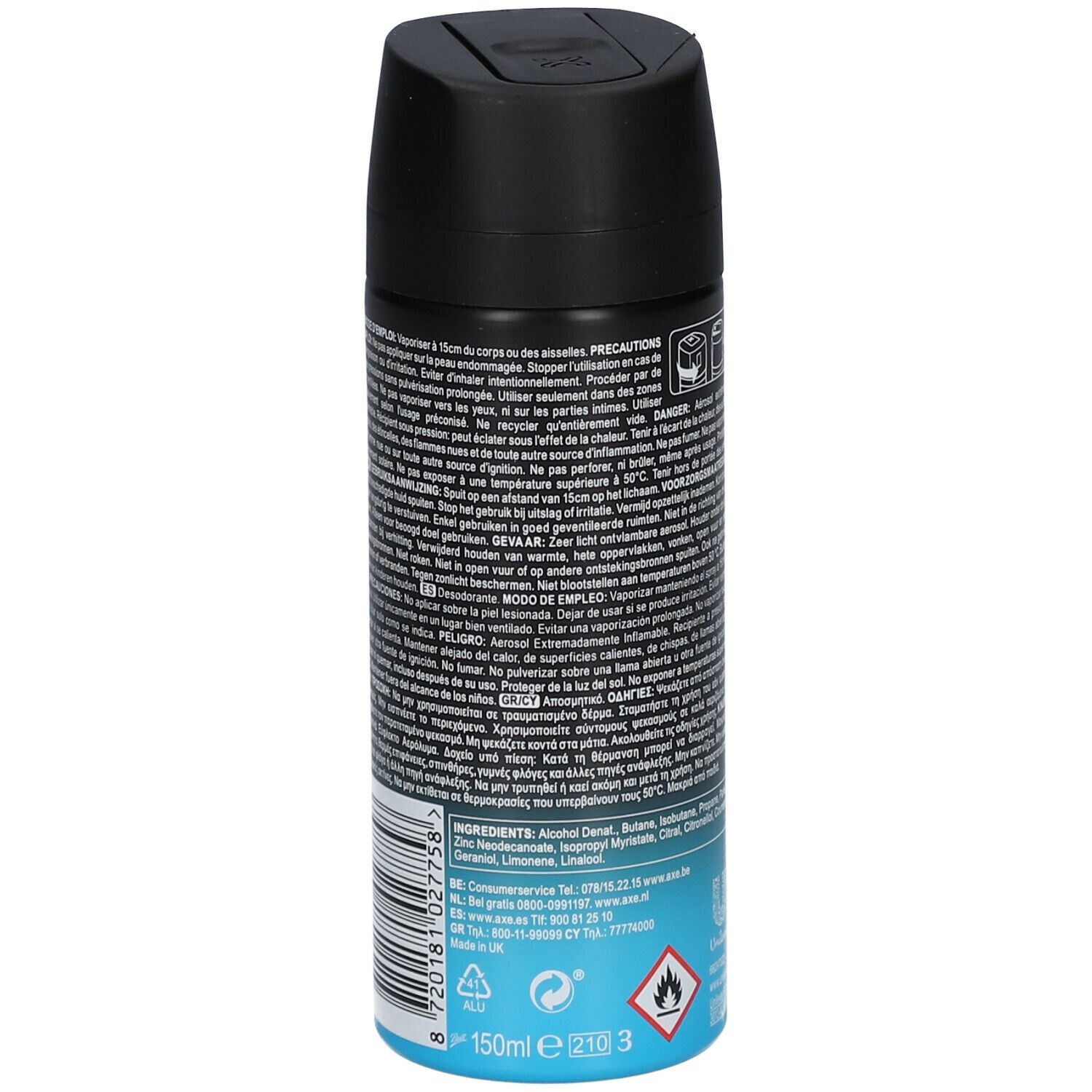 Déodorant AXE ICE CHILL. Dos avec texte, ingrédients et avertissements. Volume : 150 ml. Symbole de flamme.
