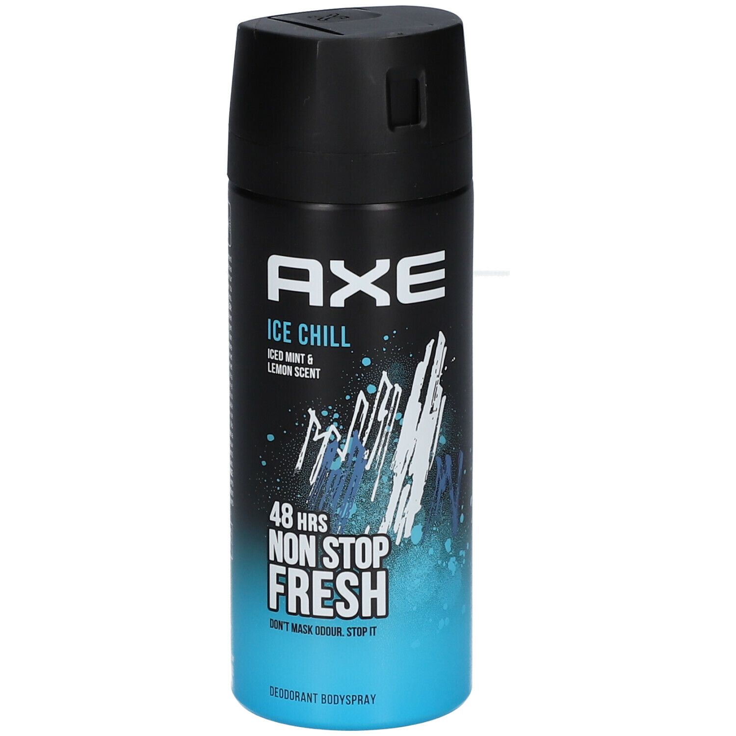 Déodorant AXE ICE CHILL. Capuchon noir, flacon bleu et noir. Inscription : ICE CHILL, Iced Mint & Lemon Scent, 48 HRS NON STOP FRESH.