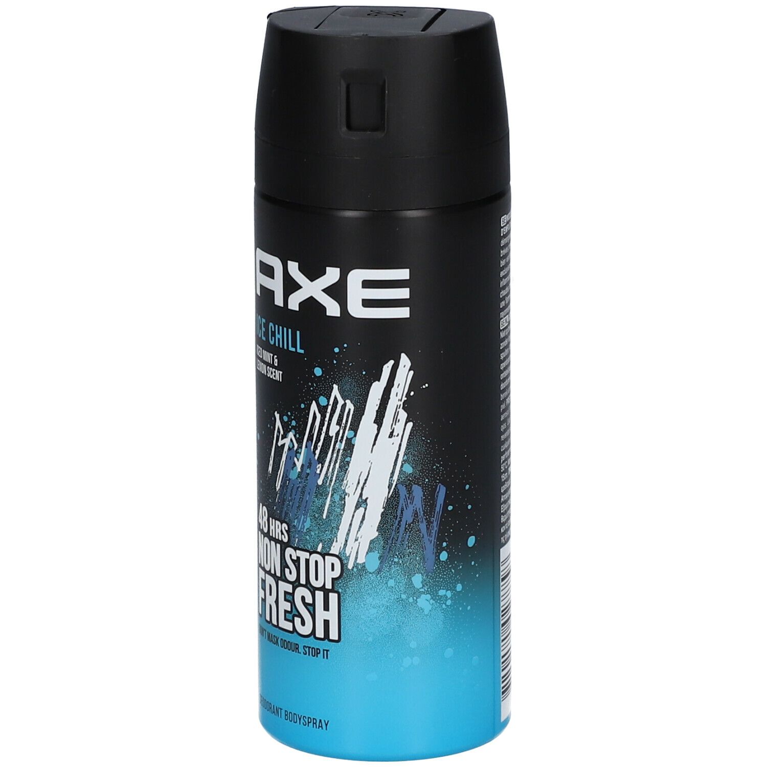 Déodorant AXE ICE CHILL. Capuchon noir, flacon bleu et noir. Inscription : ICE CHILL, Iced Mint & Lemon Scent, 48 HRS NON STOP FRESH.