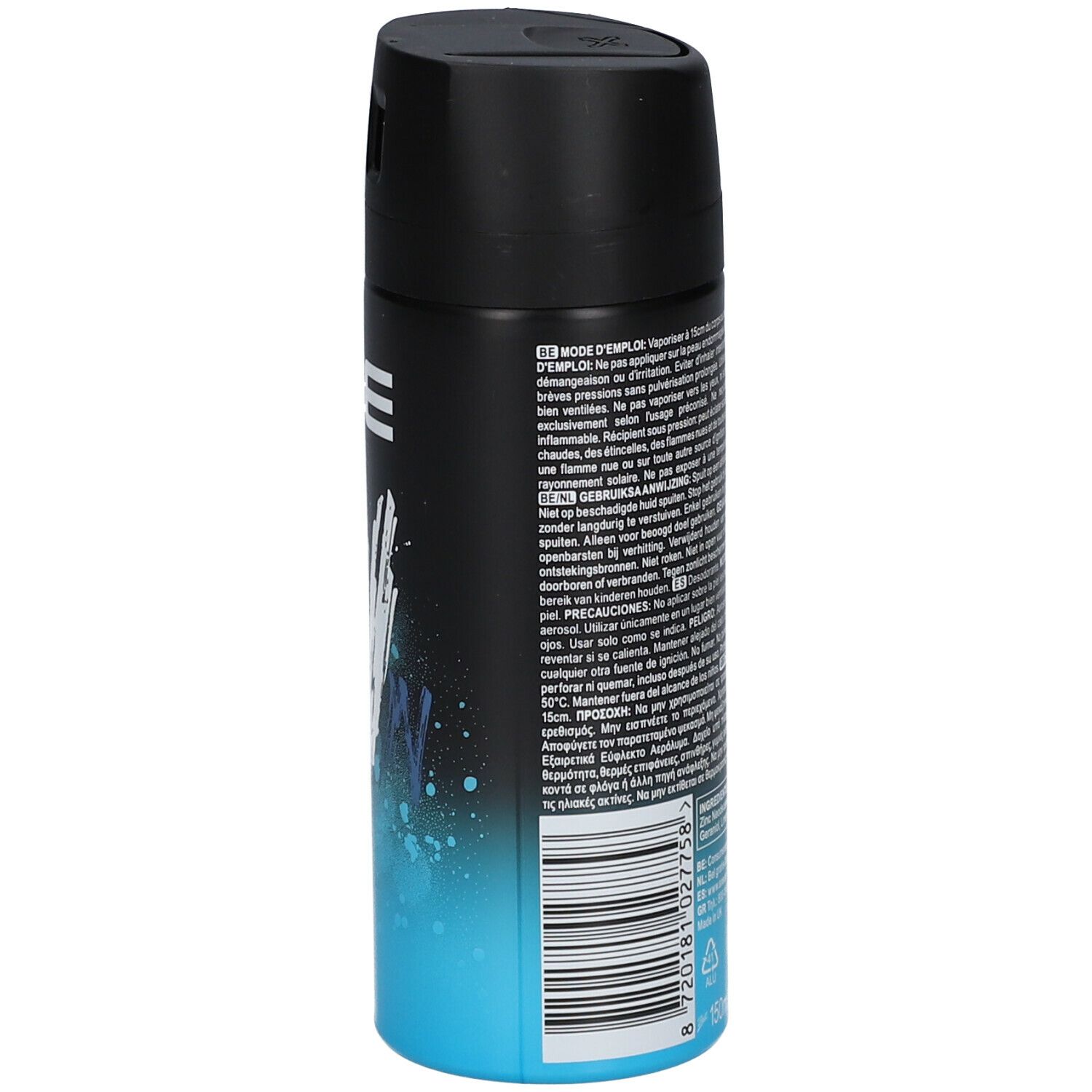 Déodorant AXE ICE CHILL. Dos avec texte multilingue. Symbole de flamme.