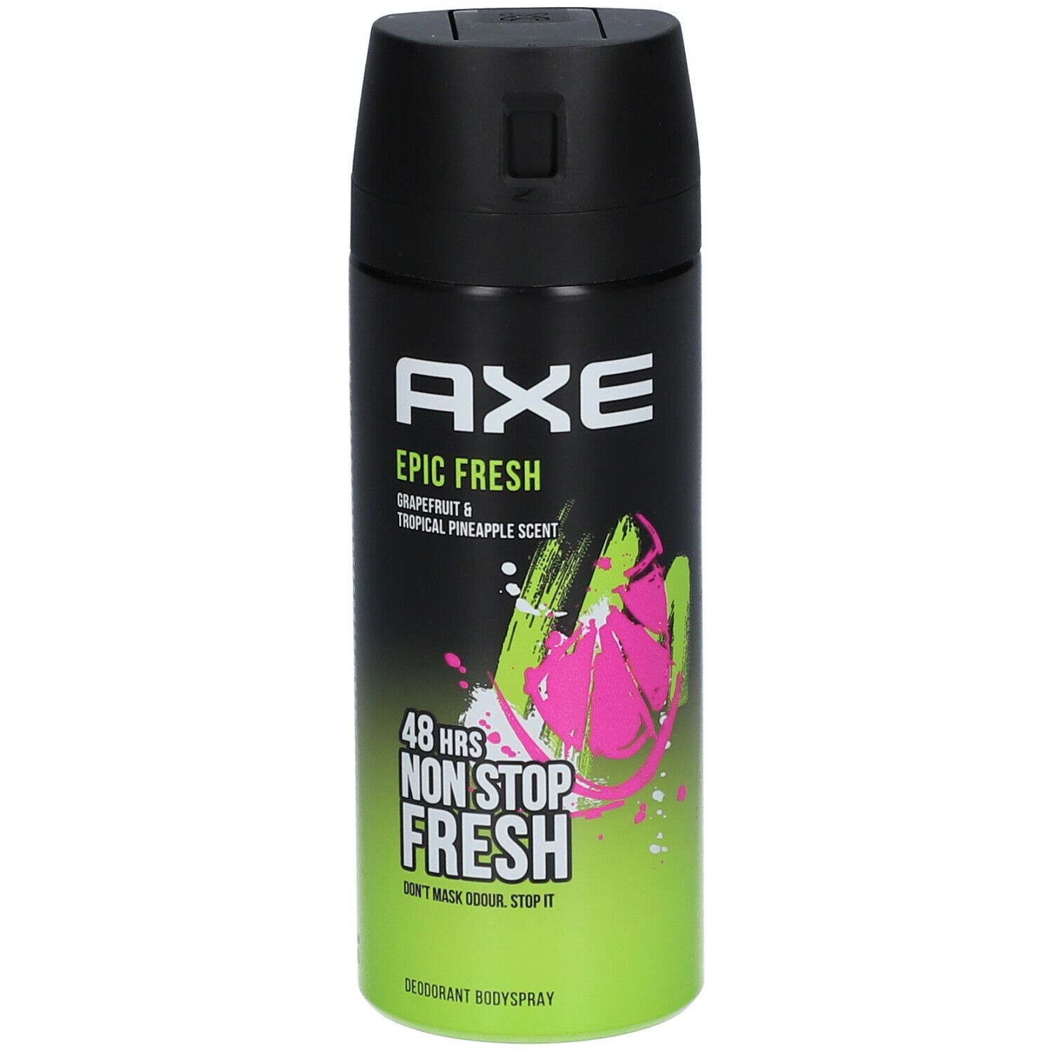 Axe Epic Fresh déodorant bodyspray. Bombe noire et verte avec texte blanc. Parfum pamplemousse et ananas tropical.