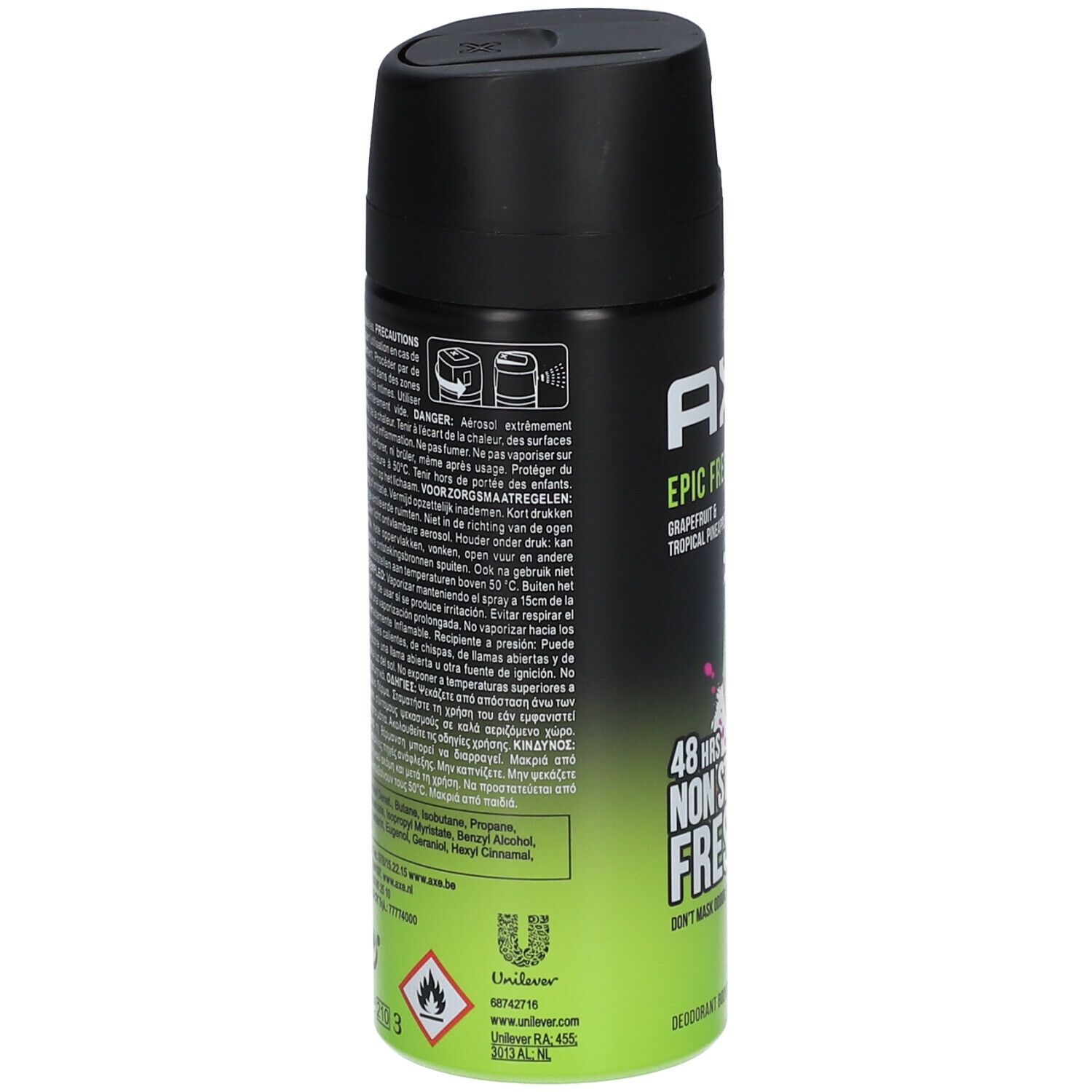 Axe Epic Fresh déodorant bodyspray. Dos de la bombe avec texte et logos. Contient des informations sur les ingrédients et les avertissements.