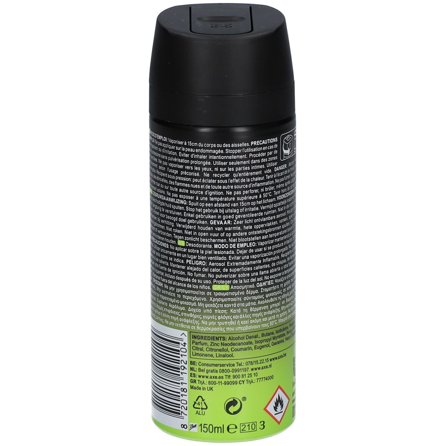 Axe Epic Fresh déodorant bodyspray. Dos de la bombe avec texte et logos. Contient des informations sur les ingrédients et les avertissements.