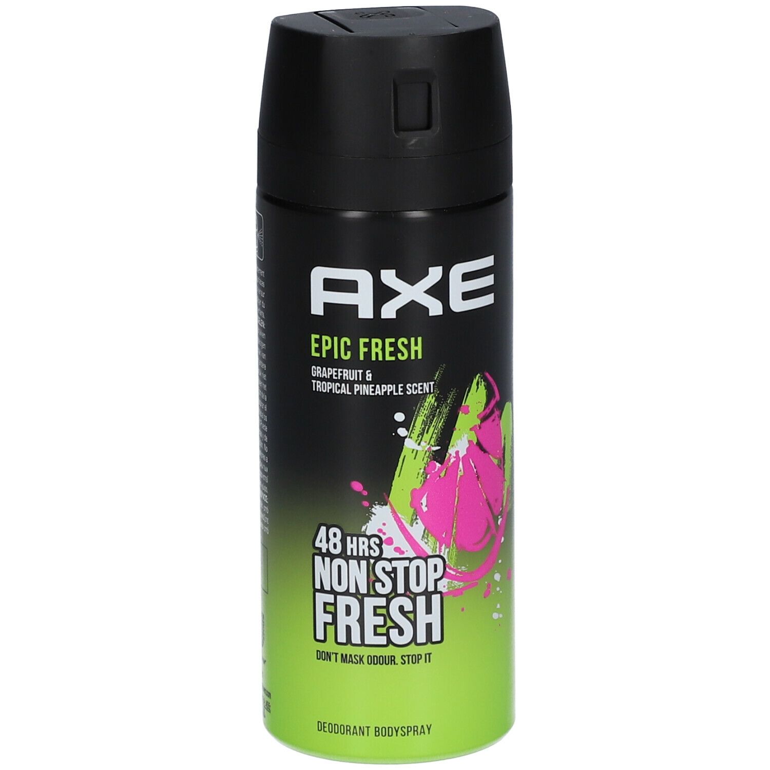 Axe Epic Fresh déodorant bodyspray. Bombe noire et verte avec texte blanc. Parfum pamplemousse et ananas tropical.