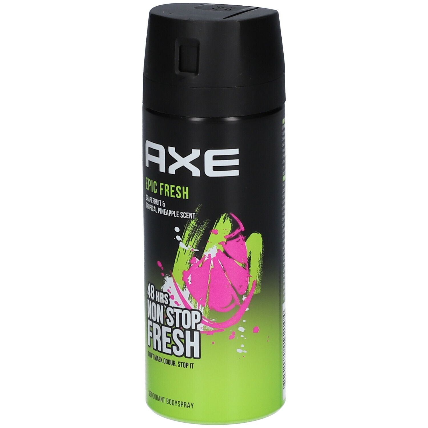 Axe Epic Fresh déodorant bodyspray. Bombe noire et verte avec texte blanc. Parfum pamplemousse et ananas tropical.