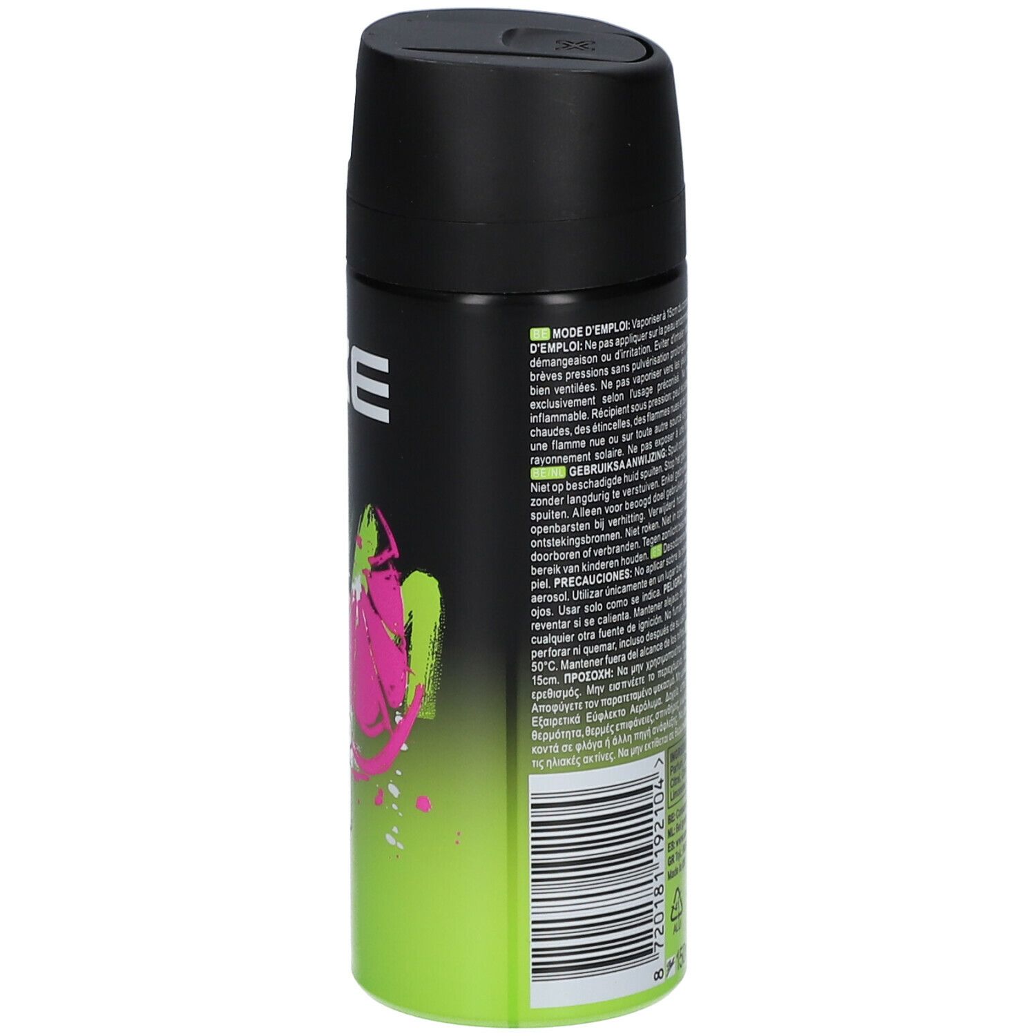 Axe Epic Fresh déodorant bodyspray. Dos de la bombe avec texte et logos. Contient des informations sur les ingrédients et les avertissements.