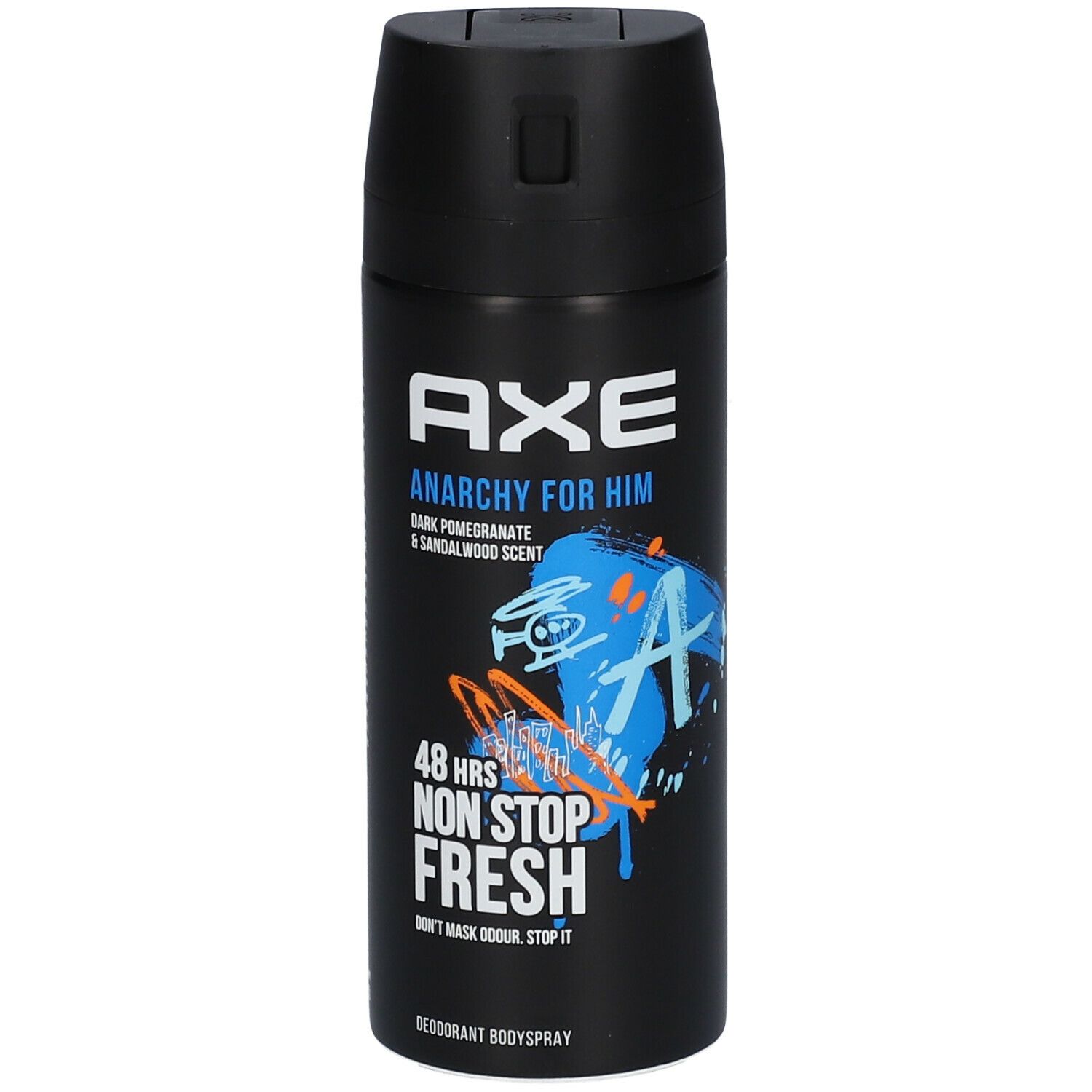 Schwarze Deospray-Dose. "AXE"-Logo, "Anarchy for Him", "48 hrs Non Stop Fresh". Blaue und orangefarbene Grafik.