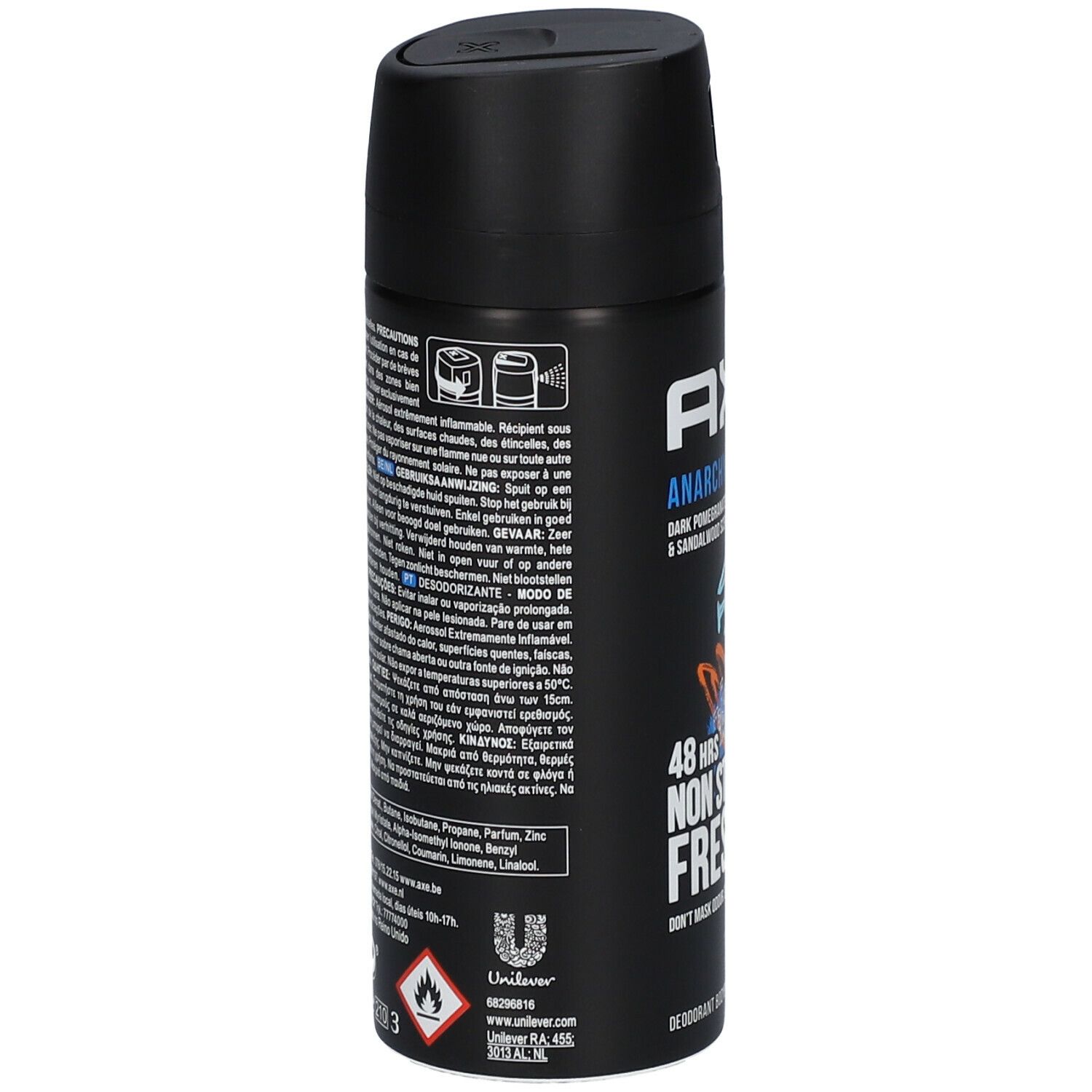 Schwarze Deospray-Dose. Rückseite mit Text in mehreren Sprachen. Unilever-Logo und Warnsymbole.