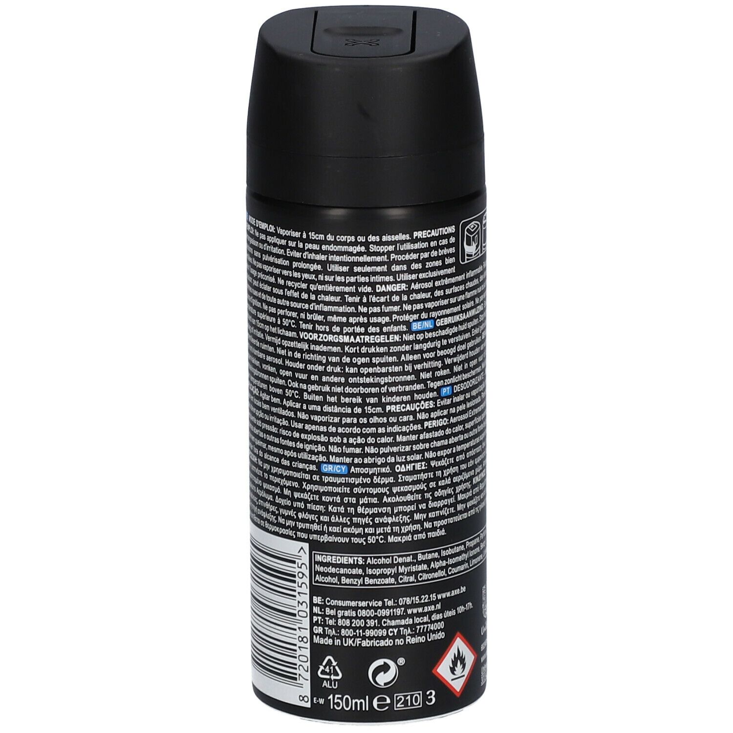 Schwarze Deospray-Dose. Rückseite mit Text in mehreren Sprachen. Warnhinweise und Inhaltsstoffe.