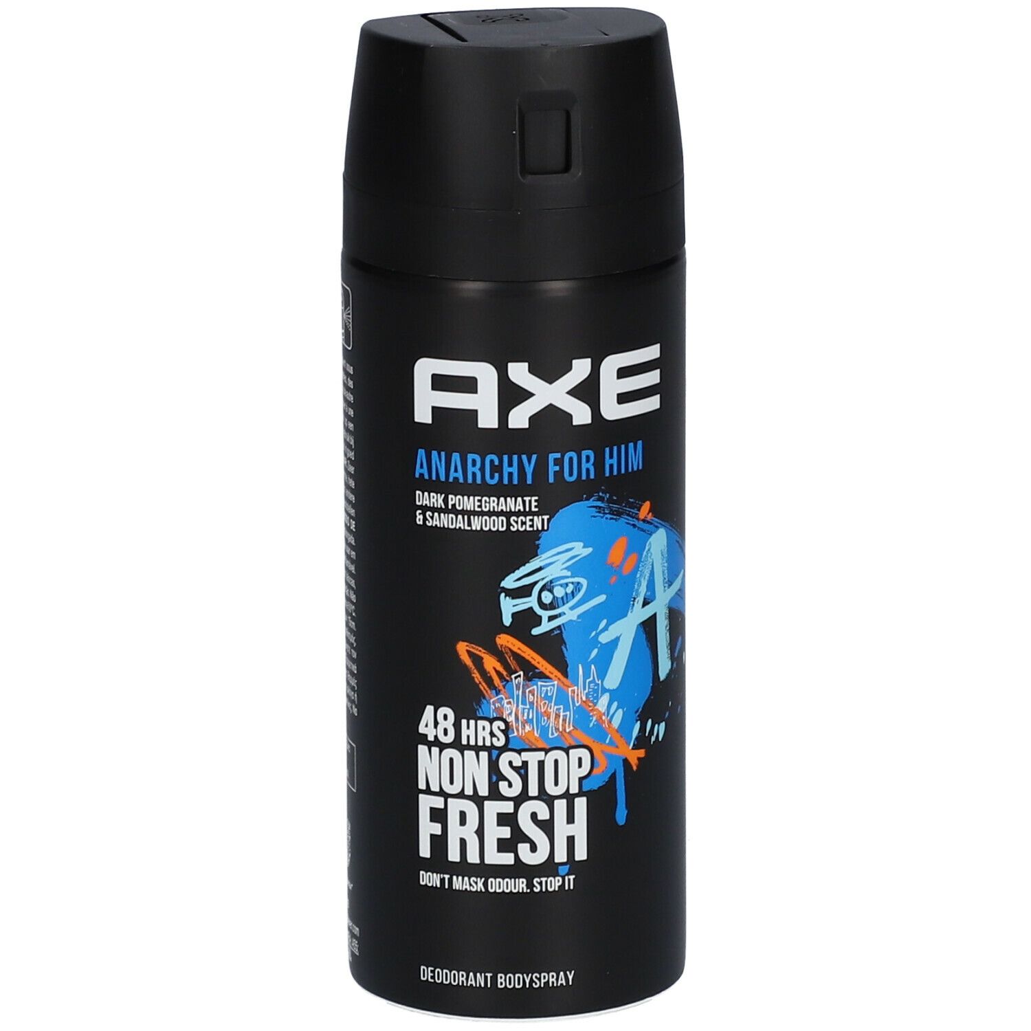 Schwarze Deospray-Dose. "AXE"-Logo, "Anarchy for Him", "48 hrs Non Stop Fresh". Blaue und orangefarbene Grafik.