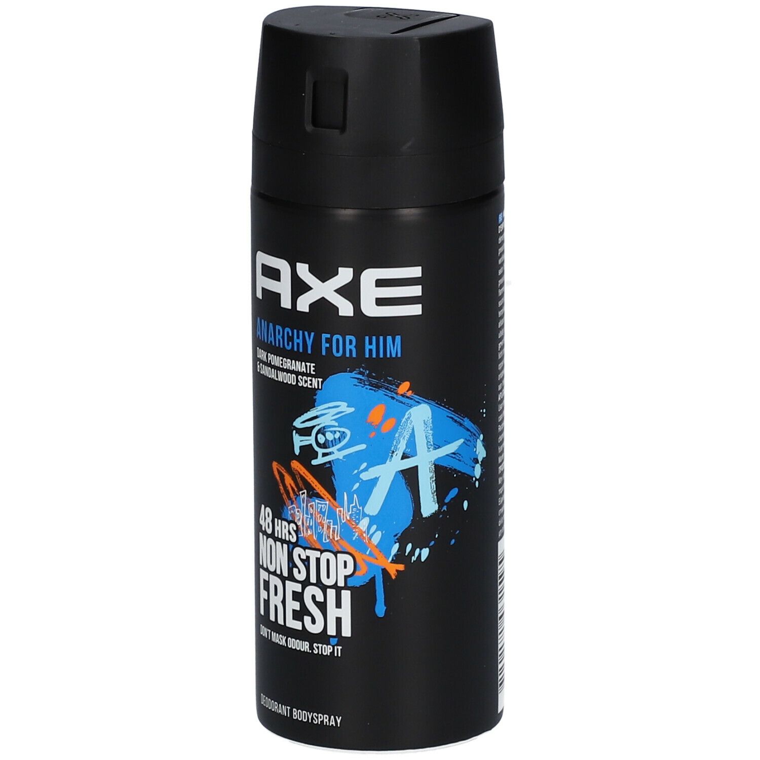 Schwarze Deospray-Dose. "AXE"-Logo, "Anarchy for Him", "48 hrs Non Stop Fresh". Blaue und orangefarbene Grafik.