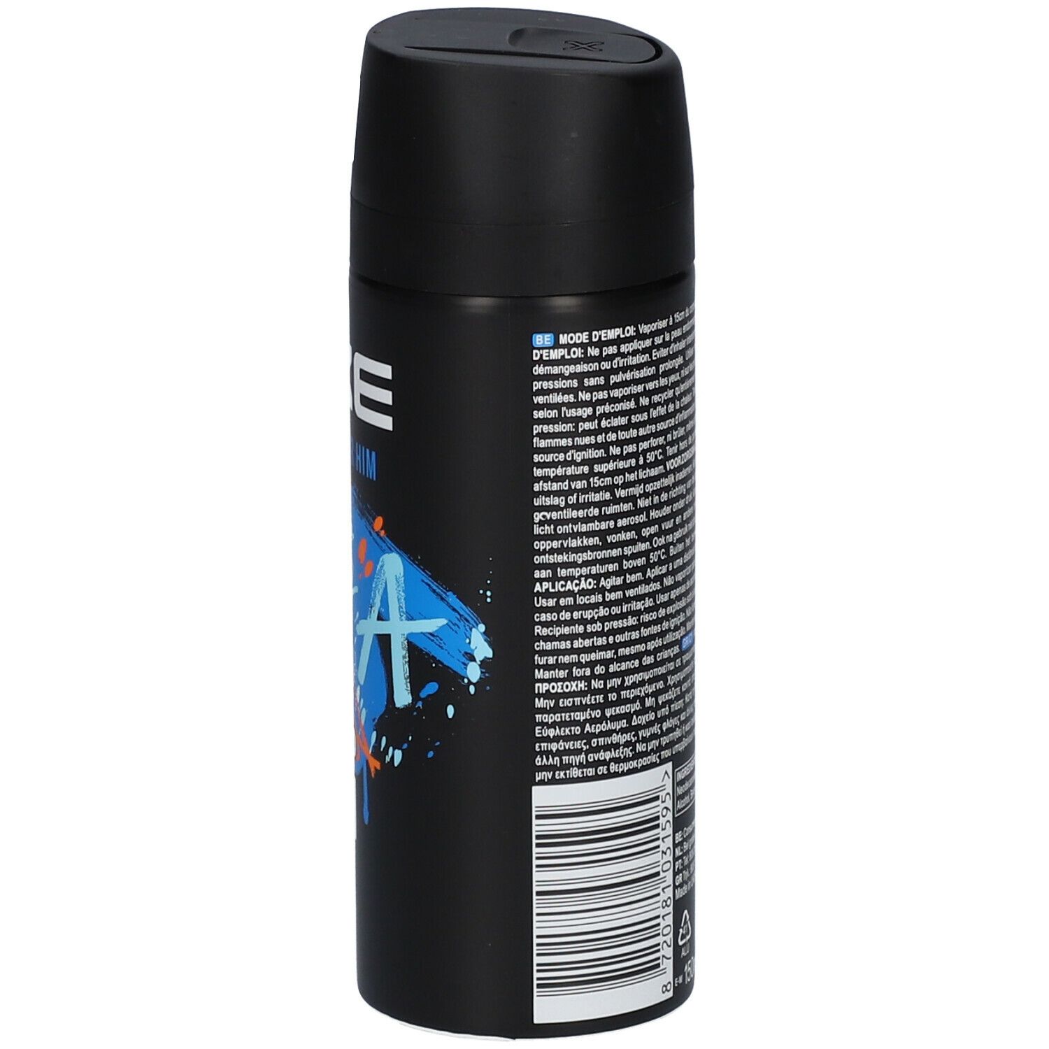 Schwarze Deospray-Dose. Rückseite mit Text in mehreren Sprachen. Warnhinweise und Barcode.