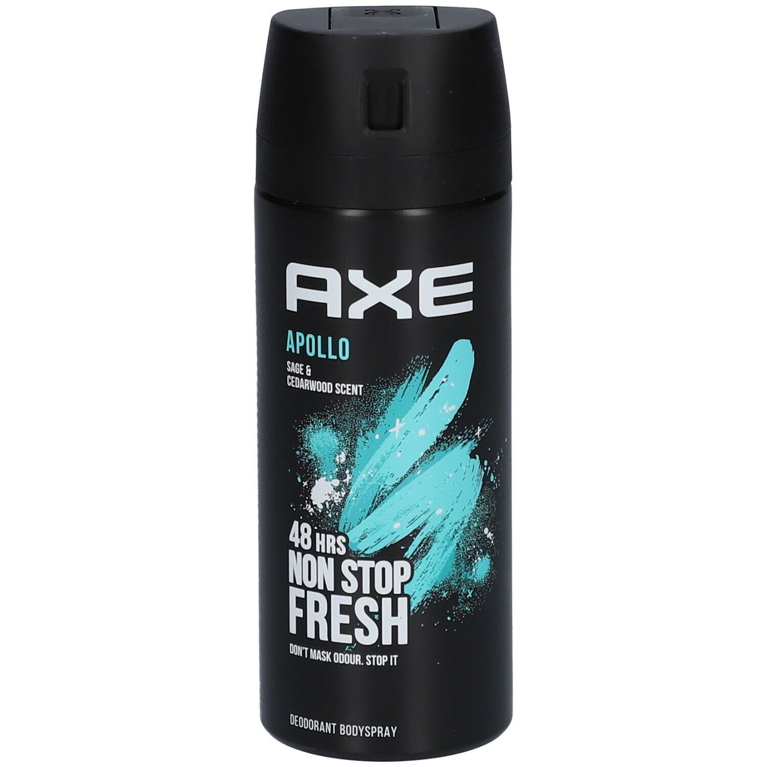 Bombe aérosol noire. AXE Apollo, 48h Non Stop Fresh. Graphique turquoise et blanc. Déodorant.