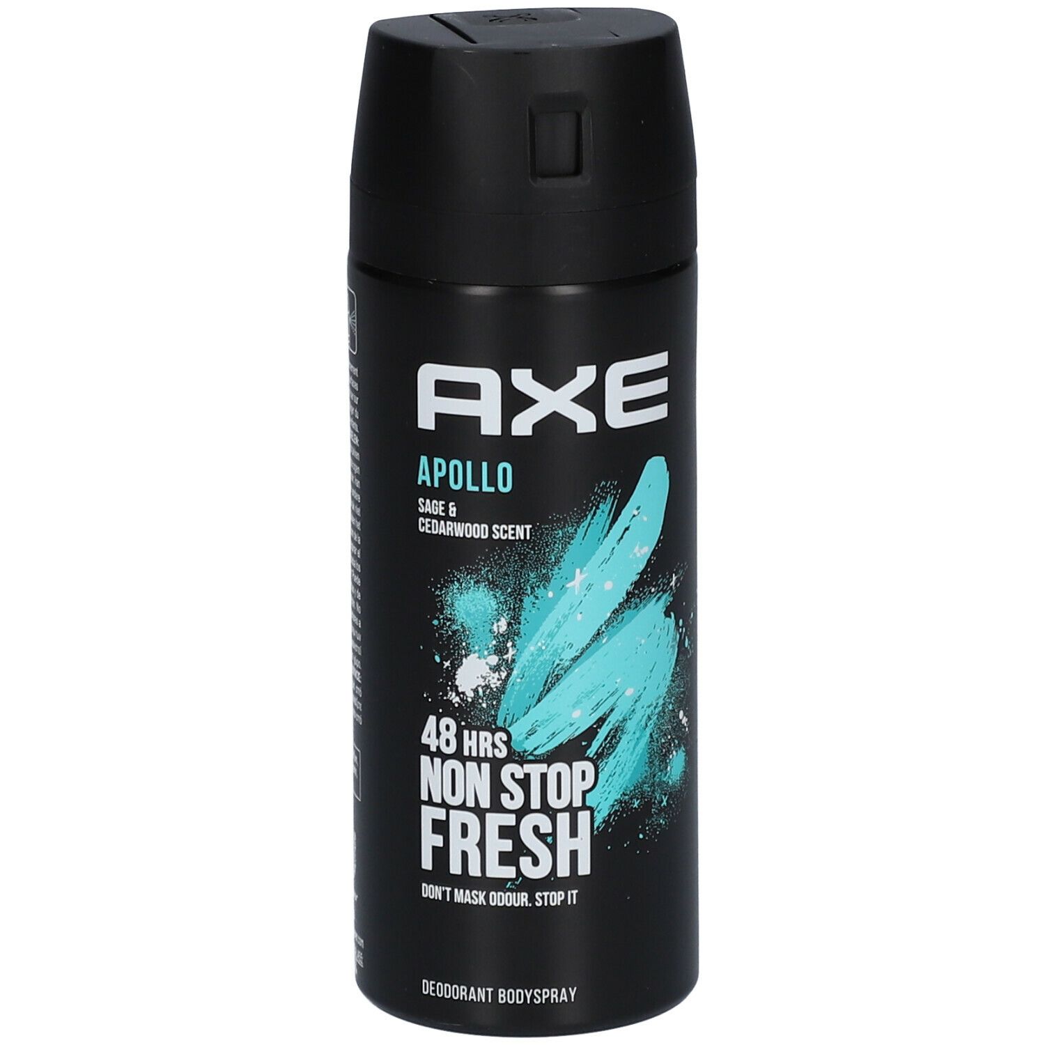 Bombe aérosol noire. AXE Apollo, 48h Non Stop Fresh. Graphique turquoise et blanc. Déodorant.