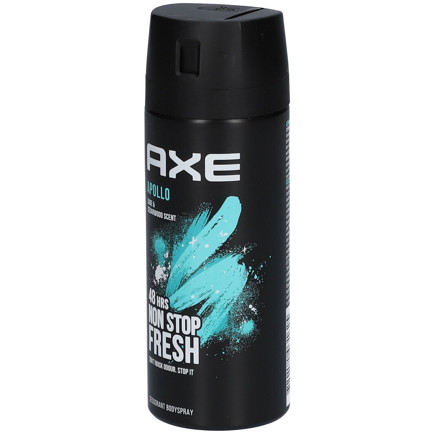 Bombe aérosol noire. AXE Apollo, 48h Non Stop Fresh. Graphique turquoise et blanc. Déodorant.